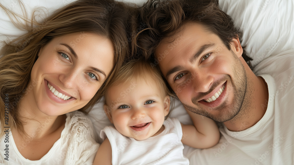 Relaxed family smiling, cuddling on bed at home. Relaxed family smiling, cuddling on bed at home.