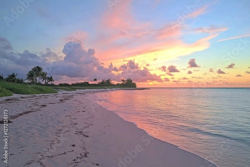Obraz na płótnie A stunning, vibrant sunset casts a warm glow over the tranquil ocean waters, beautifully illuminating a serene beach landscape in an idyllic tropical paradise w salonie