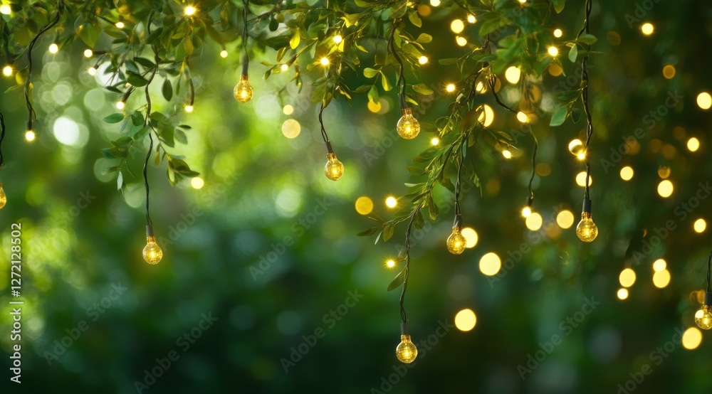 As the warm evening settles in, decorative string lights cast a soft glow over the lush greenery, transforming the vibrant garden into a magical oasis