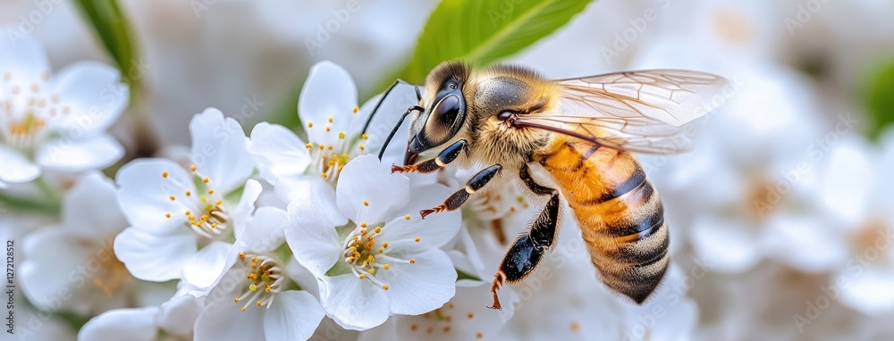 Delicate white cherry blossoms bloom on a branch as a bee gathers pollen, showcasing nature's beauty during the spring season Delicate white cherry blossoms bloom on a branch as a bee gathers pollen, showcasing nature's beauty during the spring season