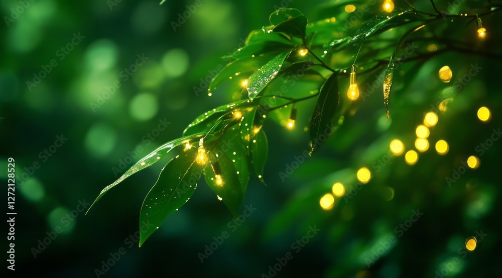 Nature glimmers with raindrops on leaves adorned with soft glowing lights at twilight, creating a serene atmosphere