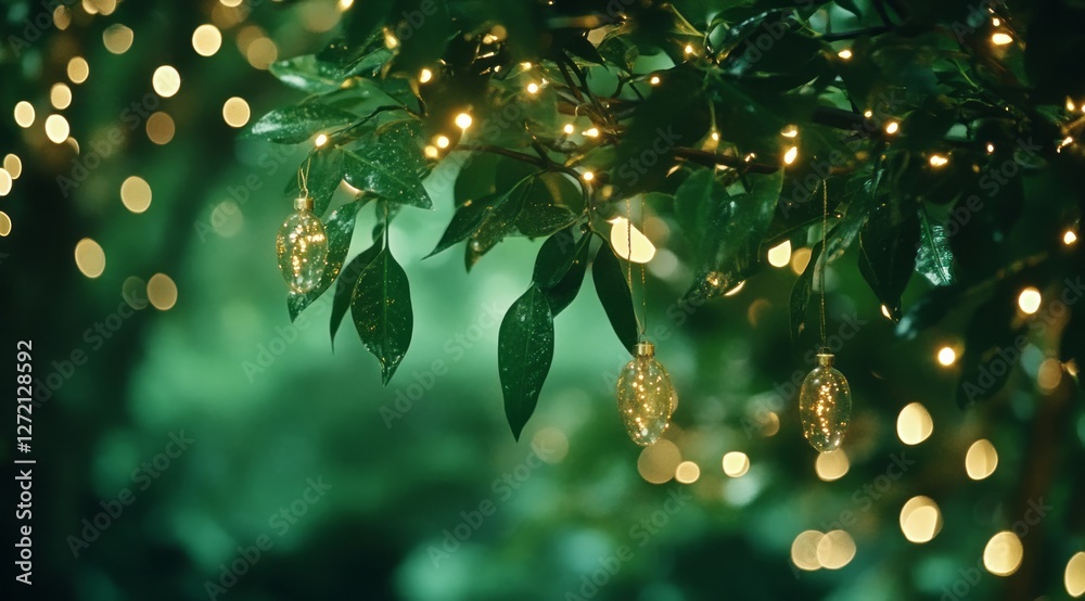 Twinkling fairy lights adorn lush green leaves, creating a magical atmosphere in an enchanting outdoor setting at dusk