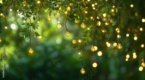 Obraz na płótnie As the warm evening settles in, decorative string lights cast a soft glow over the lush greenery, transforming the vibrant garden into a magical oasis w salonie
