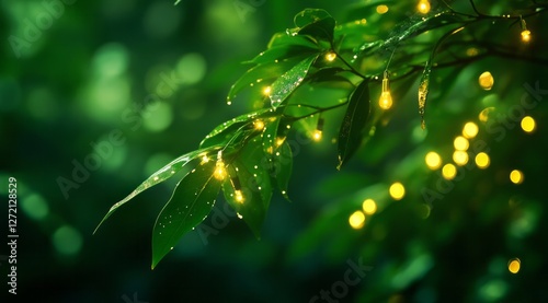 Obraz na płótnie Nature glimmers with raindrops on leaves adorned with soft glowing lights at twilight, creating a serene atmosphere w salonie