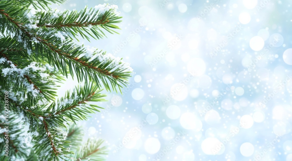 Snow-covered pine branches create a serene winter atmosphere with blurred blue background and falling snowflakes