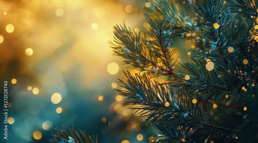 Shimmering pine branches with soft golden lights create a magical atmosphere during the festive season