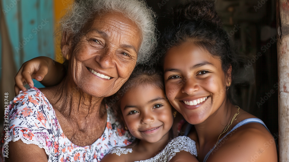 Fototapeta premium Smiling grandmother, mother, and child embrace on sofa, enjoying family time in Colombia.