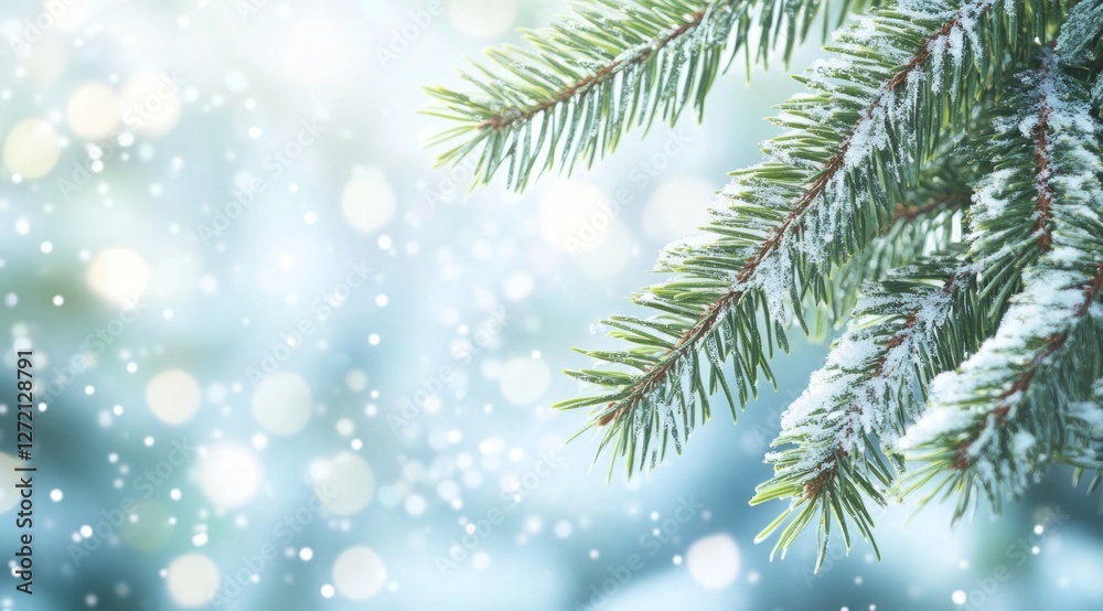 Snow-covered evergreen branches create a serene winter atmosphere with falling snowflakes and a softly blurred background in a tranquil scene