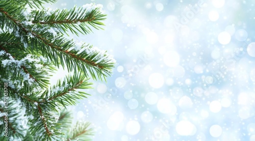 Obraz na płótnie Snow-covered pine branches create a serene winter atmosphere with blurred blue background and falling snowflakes w salonie