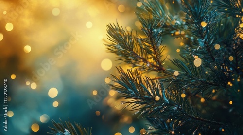 Obraz na płótnie Shimmering pine branches with soft golden lights create a magical atmosphere during the festive season w salonie