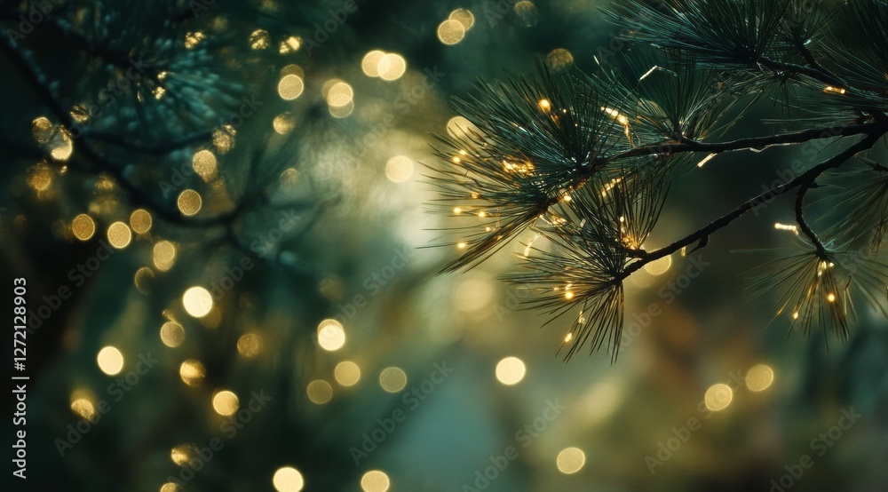 The gentle and warm glow of holiday lights elegantly draped around lush evergreen branches creates a magical and festive atmosphere on a beautiful winter night