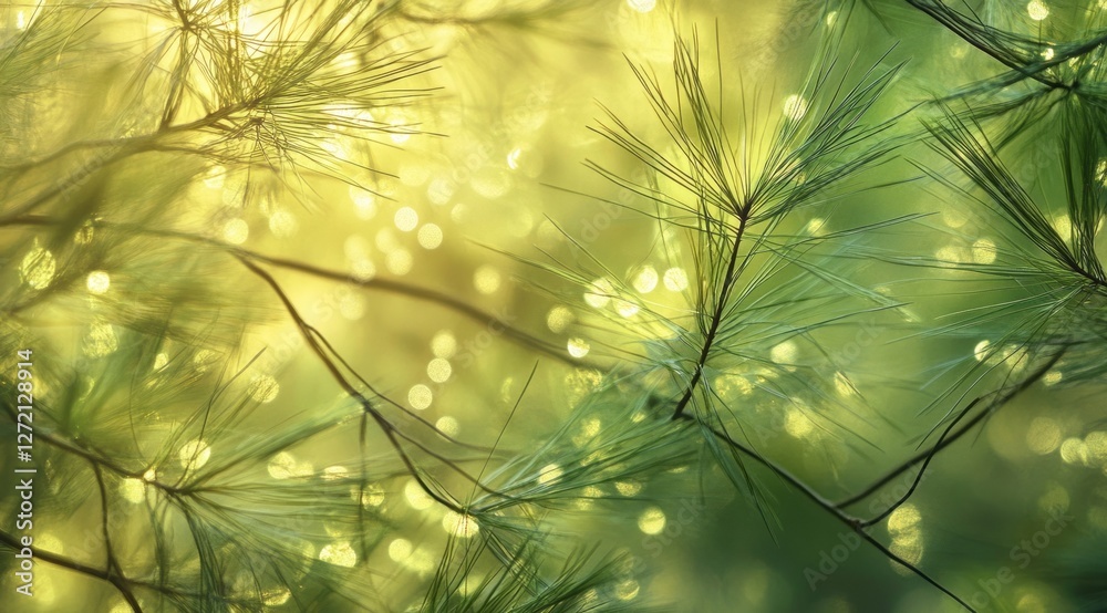 The stunning rays of sunlight gently filter through the branches of towering pine trees, creating a serene atmosphere in the peaceful forest during the early morning hours