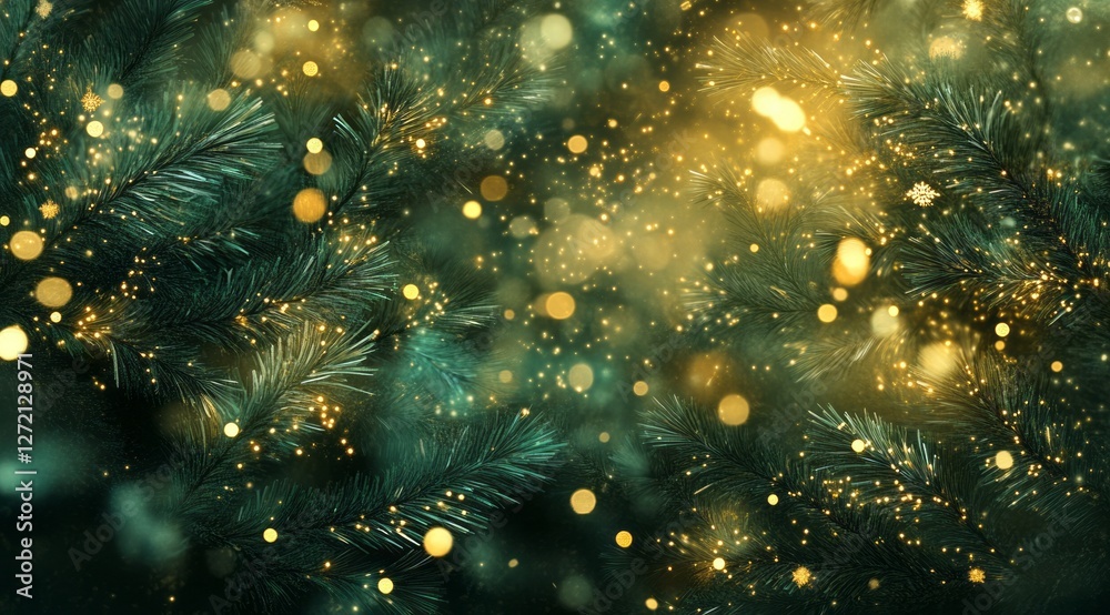 Twinkling golden lights and pine needles create a magical atmosphere during the winter holiday season
