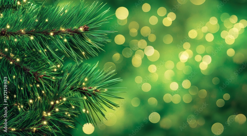 Green pine tree branches adorned with twinkling lights create a festive atmosphere during the holiday season