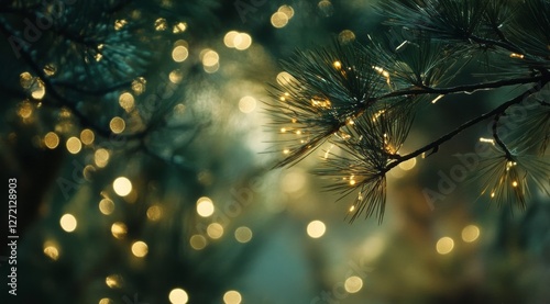 Obraz na płótnie The gentle and warm glow of holiday lights elegantly draped around lush evergreen branches creates a magical and festive atmosphere on a beautiful winter night w salonie