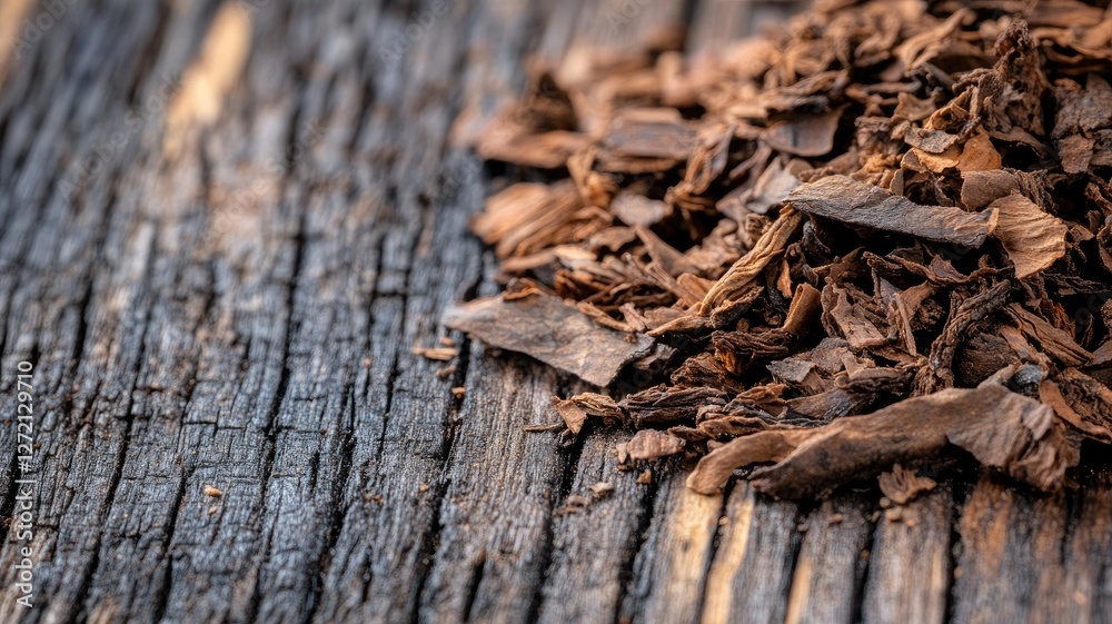 Close-up of shredded tobacco on rustic wooden surface Close-up of shredded tobacco on rustic wooden surface