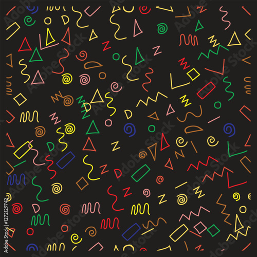 Colorful abstract doodle with various shapes and lines on a cream background, An eye catching pattern composed of diverse shapes and lines in bright colors, offering a visually stimulating experience.