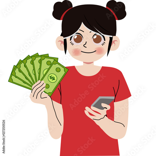 Girl holding money and handphone 