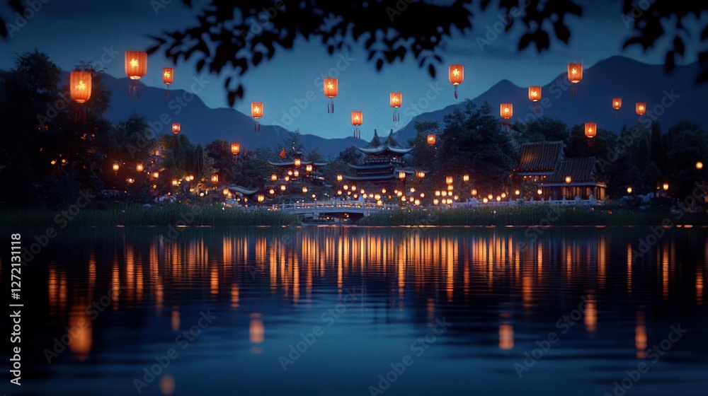 Night Landscape with Glowing Lanterns Reflected in Calm Water Night Landscape with Glowing Lanterns Reflected in Calm Water