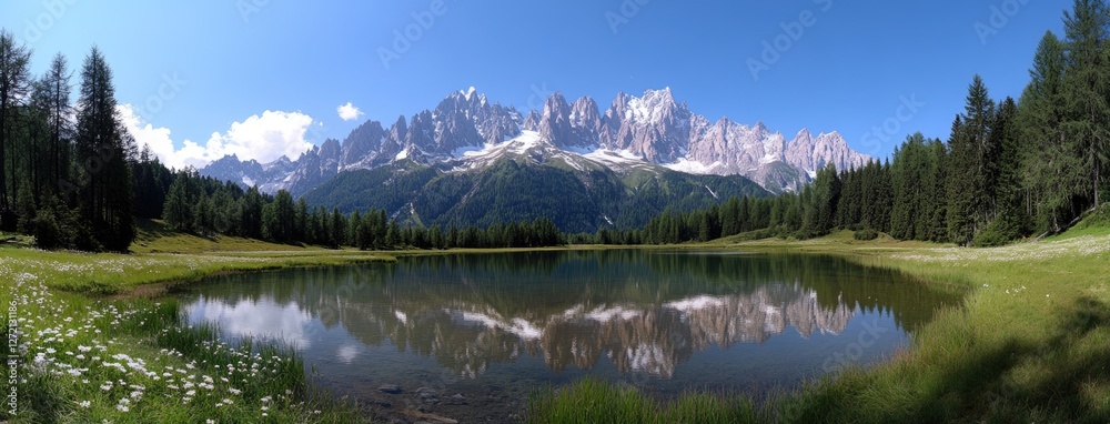 Fototapeta premium Snowy mountain peaks reflect in a tranquil lake while vibrant white flowers bloom in the foreground, creating a serene summer scene