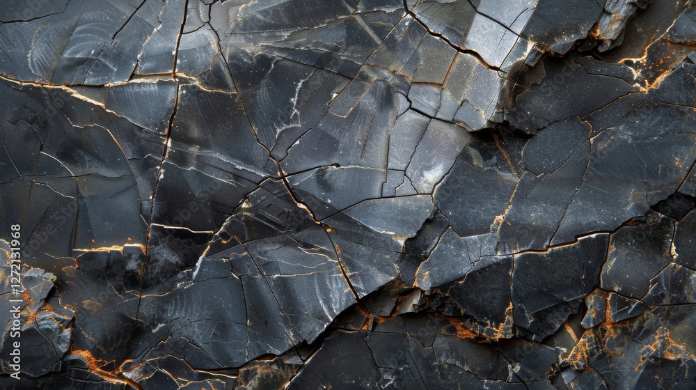 Obraz premium A detailed examination reveals a rugged rock surface with a network of cracks and deep color variations.