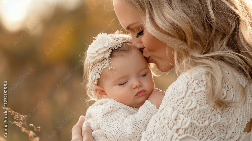 Mom kissing babyâs forehead, serene family love, soft lighting. Mom kissing babyâs forehead, serene family love, soft lighting.