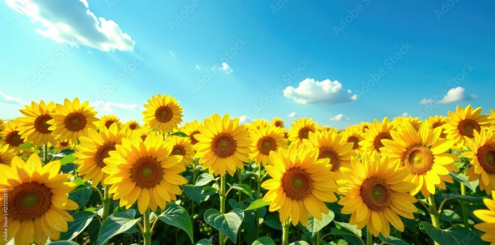 Fototapeta premium Endless sea of bright yellow petals against a deep blue sky, yellow, sunflowers