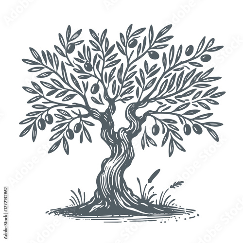 Olive Tree. Black and white simple rough engraving style vector illustration.
