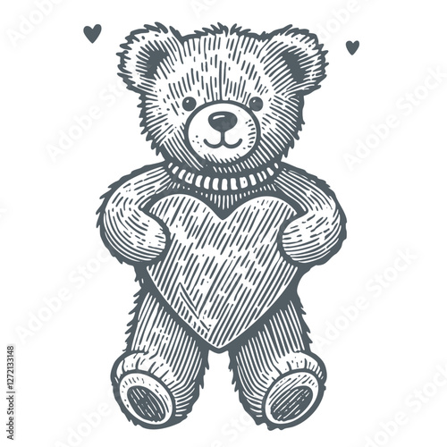 Teddy Bear Holding a Hearth. Vintage black and white hand drawn engraving style vector illustration.
