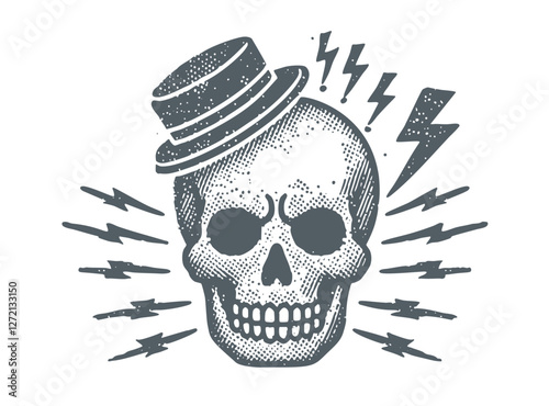 Skull with Hat. Vintage black and white hand drawn halftone style vector illustration.