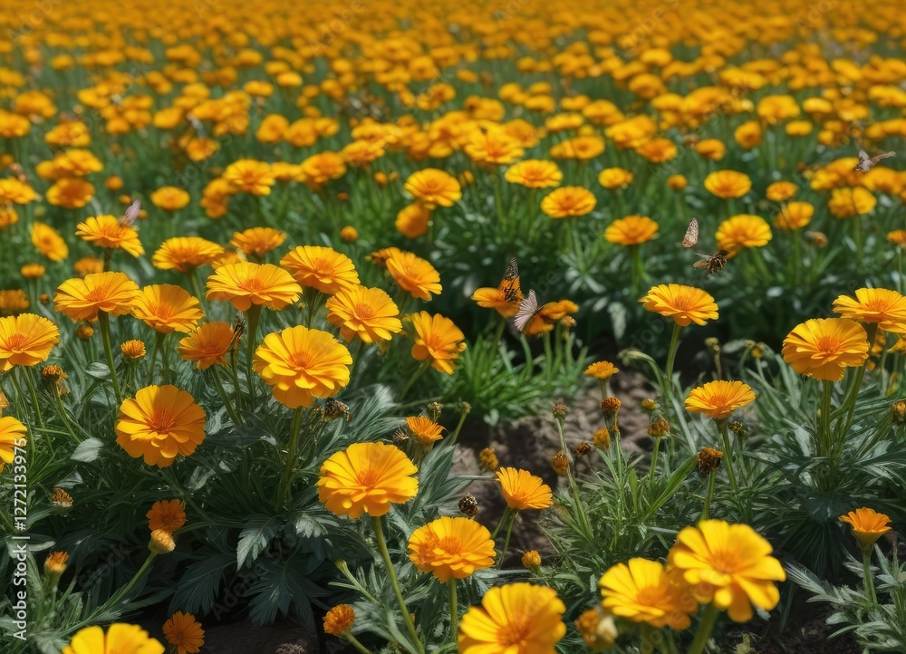 Obraz premium Field of bright yellow marigold flowers in full bloom with a few scattered bees and butterflies , wildflowers, fields, blooming