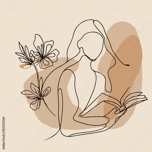 Pensive Woman Reading Book with Serene Minimalist Floral Backdrop