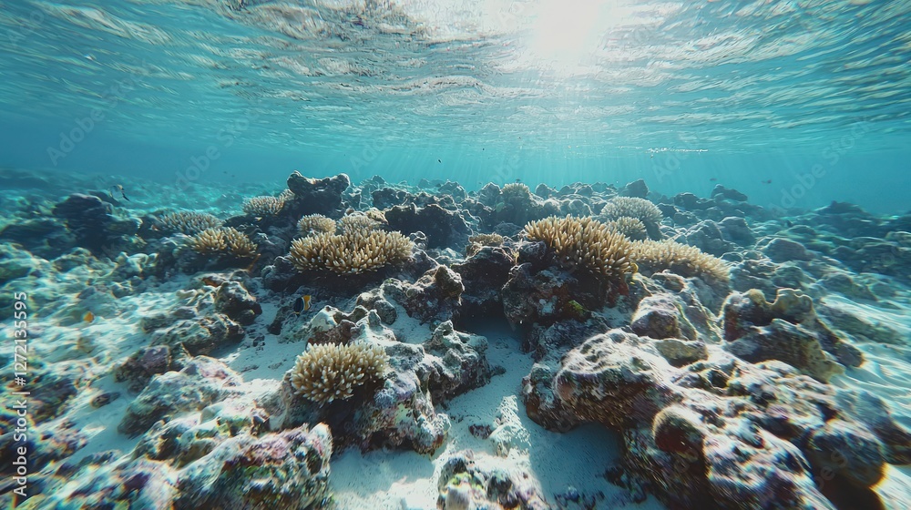 Obraz premium Underwater coral reef, sunlit, shallow water, vibrant marine life