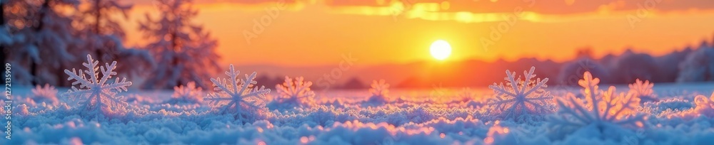 Fototapeta premium Frosty landscape with large snowflakes against orange sky, serene, warm, sunrise