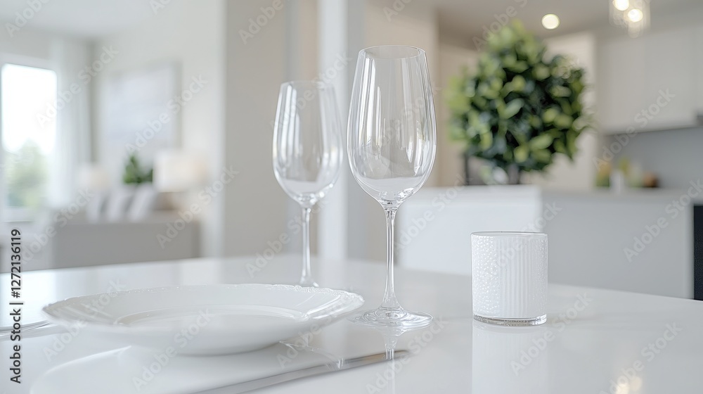 Fototapeta premium Two elegant empty wine glasses and a white plate set on a dining table in a bright modern apartment.