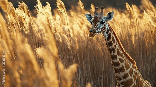 Majestic Giraffe in Golden Grassland Sunset Serengeti African Wildlife Nature Photography Animal Portrait Elegant Long Neck Savannah Wild Animal       photo