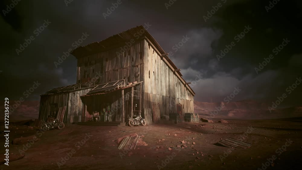 A rustic wooden barn stands isolated in a barren landscape, surrounded by scattered debris. Dark clouds loom overhead, enhancing the atmosphere of desolation and mystery.