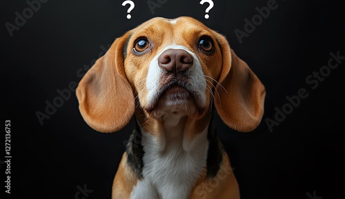 Curious beagle dog with question marks above head looking up with expressive eyes and floppy ears against dark background, depicting confusion or wondering expression.