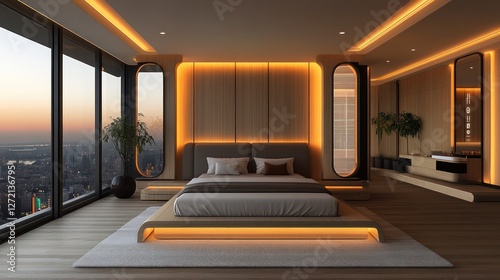 Modern bedroom with city view, warm lighting