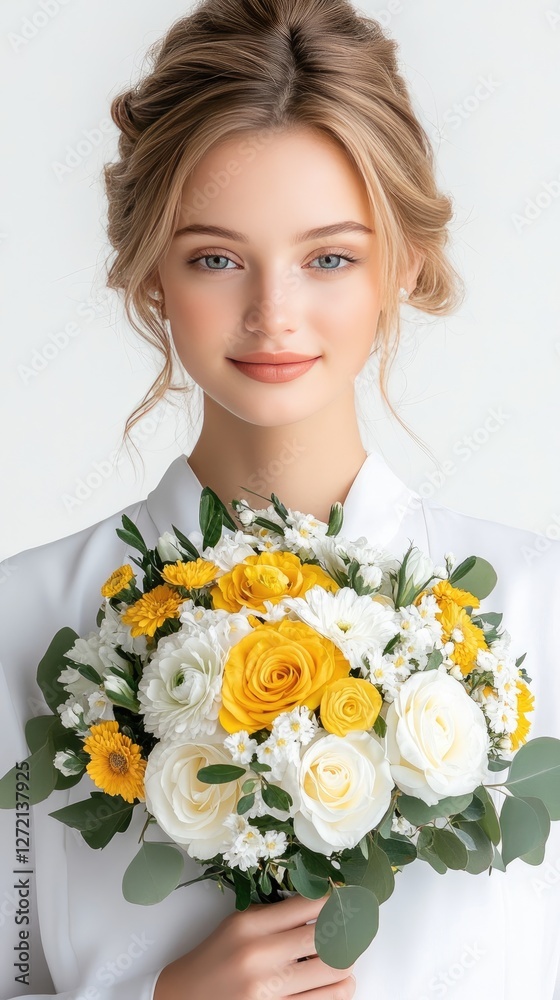 Beautiful long blonde hair with yellow and white flowers is arranged on a light background, showcasing a natural beauty concept Beautiful long blonde hair with yellow and white flowers is arranged on a light background, showcasing a natural beauty concept