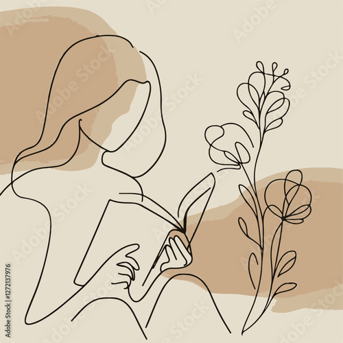 Woman Reading with Elegant Floral Illustration in Minimalist Line Art with Soft Background