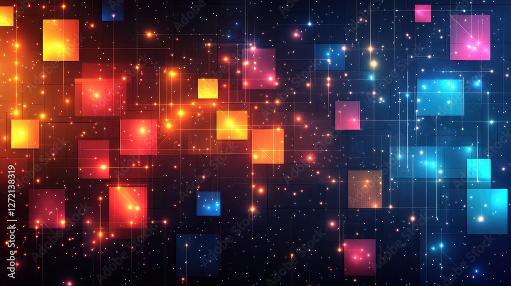 Obraz premium Vibrant Abstract Background with Colorful Squares and Glowing Stars