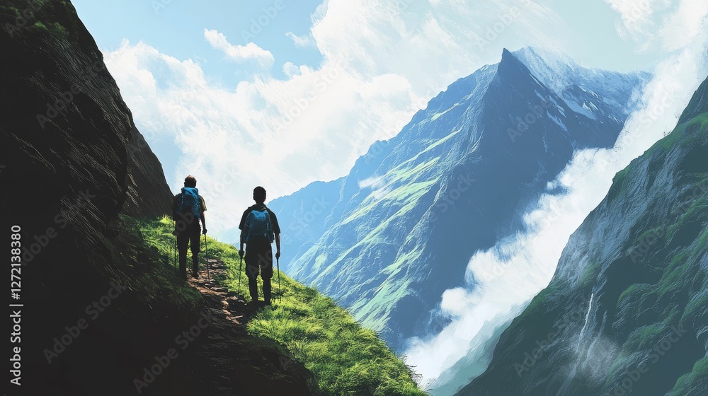 Fototapeta premium Hikers ascend mountain path, majestic peaks ahead.