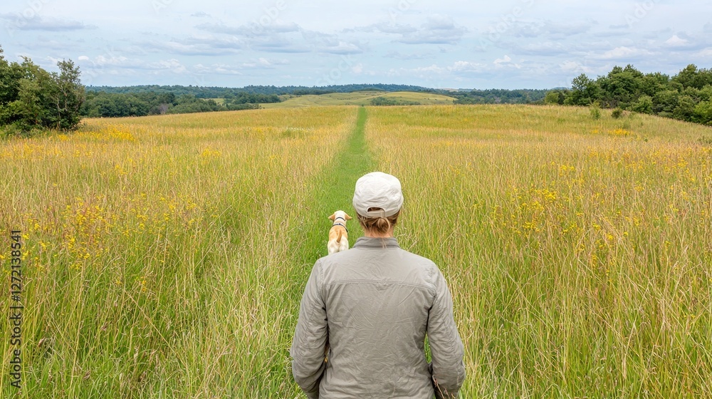 Person walking dog on grassy field path Person walking dog on grassy field path