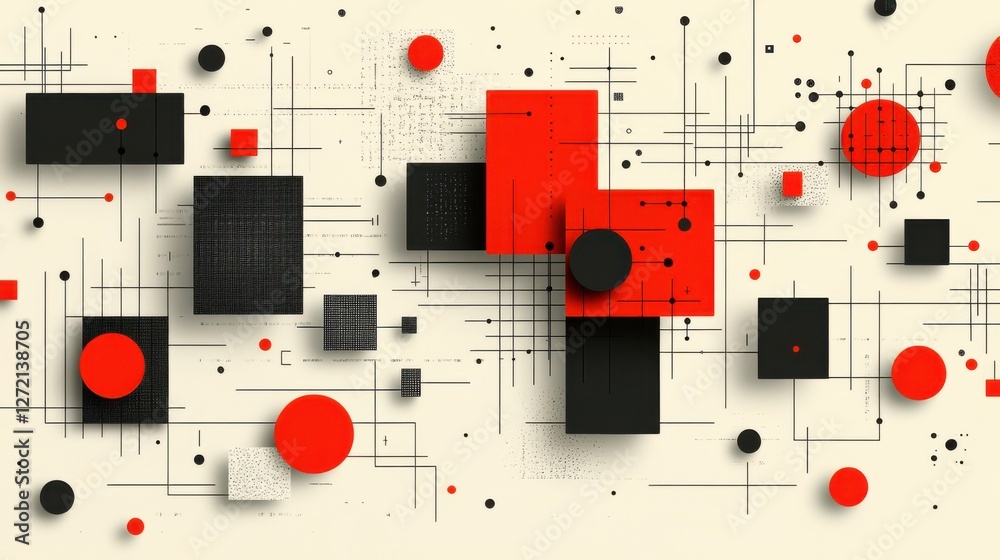 Abstract Geometric Design with Red and Black Shapes on Cream Background Abstract Geometric Design with Red and Black Shapes on Cream Background