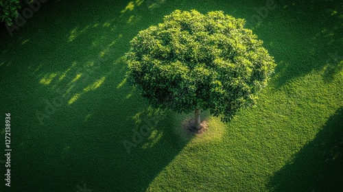 Verdant tree in a grassy lawn, sunlight casts shadows photo