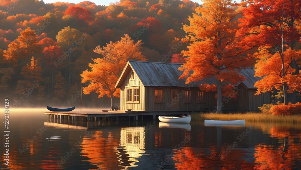 Fototapeta premium Cozy lakeside cabin surrounded by vibrant autumn foliage during a tranquil morning