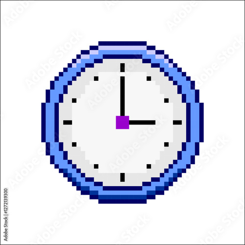 Pixel art of wall clock. Pixelated clock time icon. Blue clock pixel.