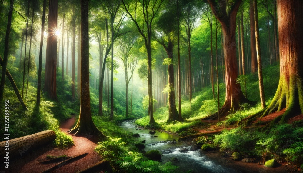 Obraz premium Tranquil forest stream glimmering with sunlight, verdant greenery surrounding soft-flowing water between mossy tree trunks