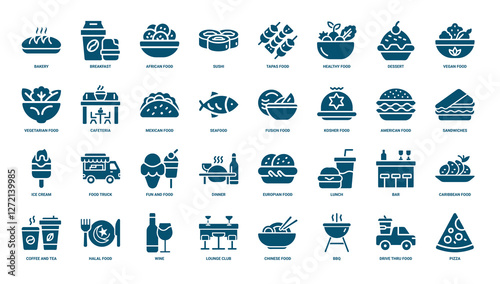 international food bakery breakfast set glyph icons